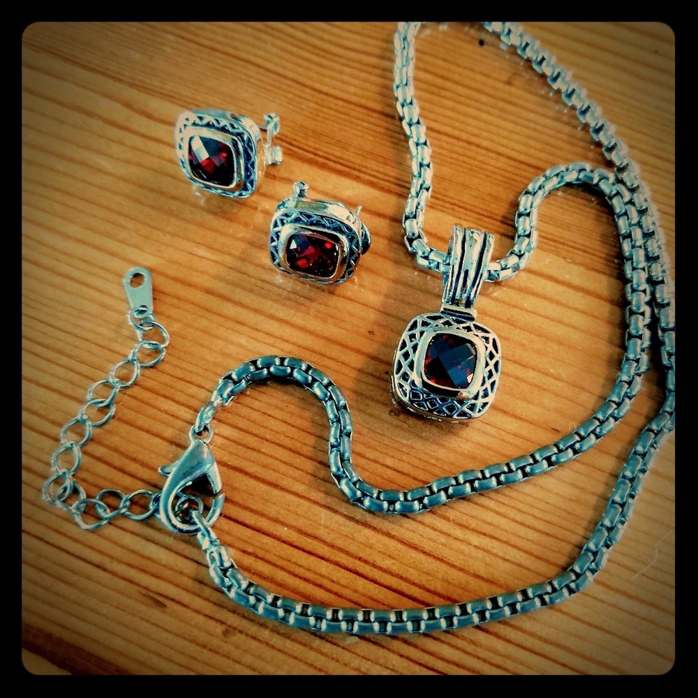 Ruby Red and Silver Necklace w/matching earrings